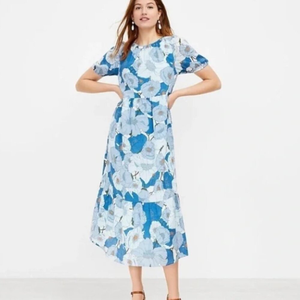 Loft Puff Sleeve Poppy Floral Print Tiered Midi Dress Size XS Petite